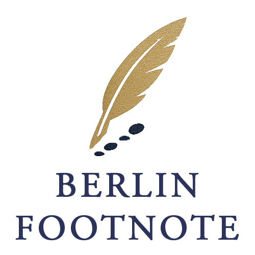 Berlin Footnotes logo with quill and footsteps